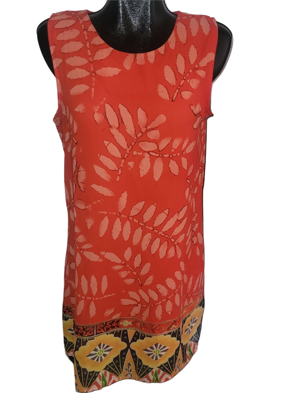 Papillon Sleeveless Dark Coral Leaf Print Shift Midi Dress Size M